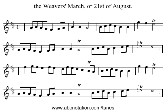 the Weavers' March, or 21st of August. - staff notation