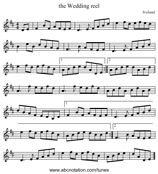 the Wedding reel - staff notation