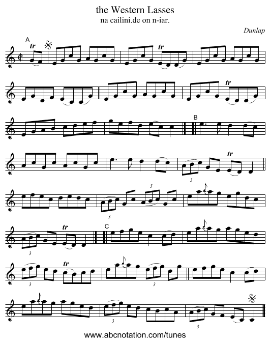 the Western Lasses - staff notation