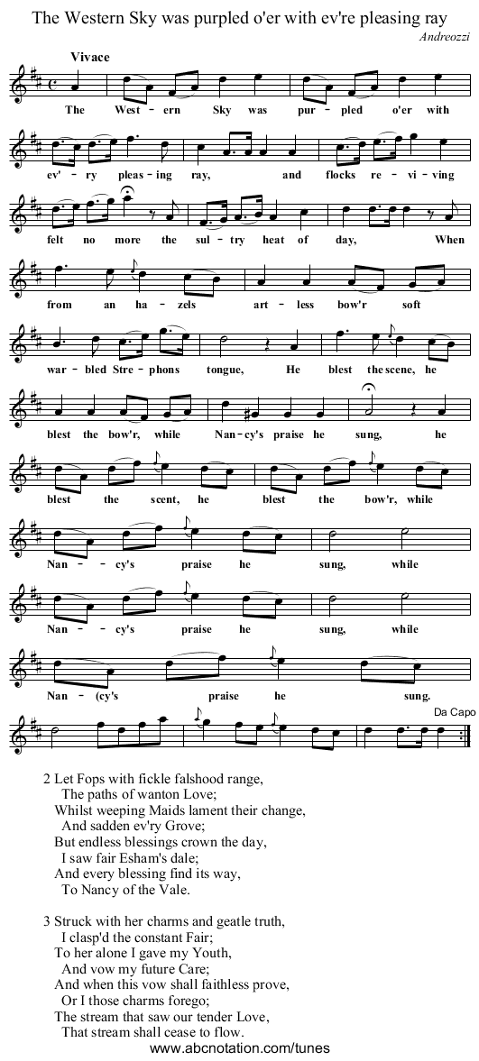 The Western Sky was purpled o'er with ev're pleasing ray - staff notation