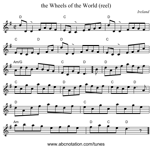 the Wheels of the World (reel) - staff notation
