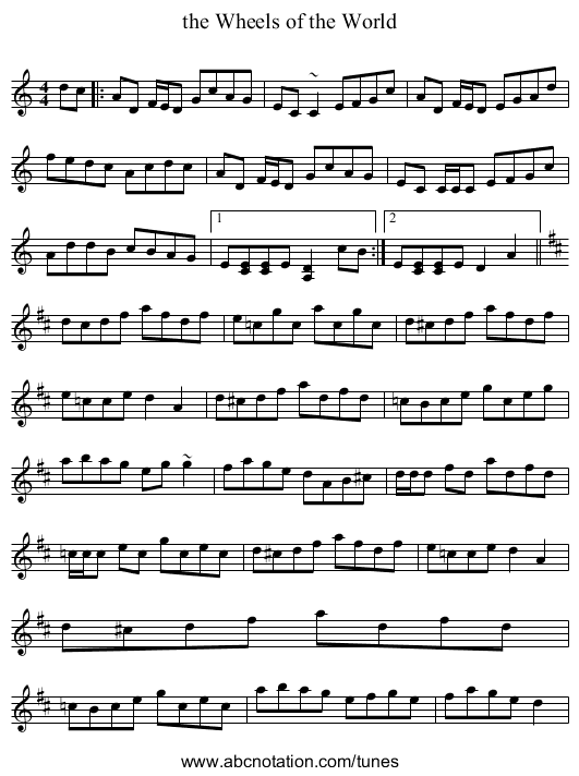 the Wheels of the World - staff notation