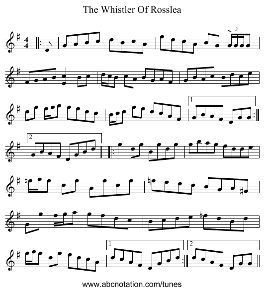 The Whistler Of Rosslea - staff notation