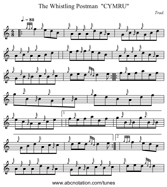 The Whistling Postman  CYMRU - staff notation