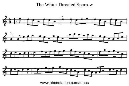 The White Throated Sparrow - staff notation