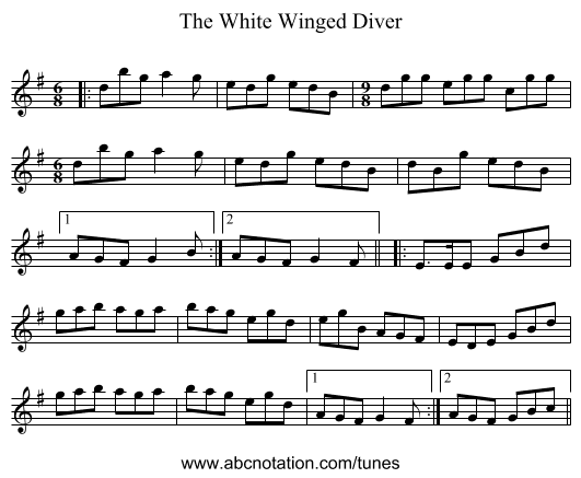 The White Winged Diver - staff notation