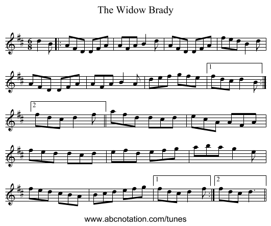 The Widow Brady - staff notation