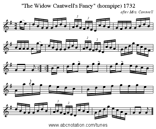 The Widow Cantwell's Fancy (hornpipe) 1732 - staff notation