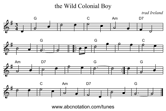 the Wild Colonial Boy - staff notation