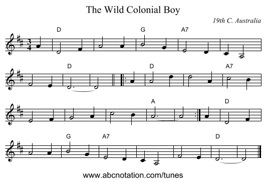 The Wild Colonial Boy - staff notation