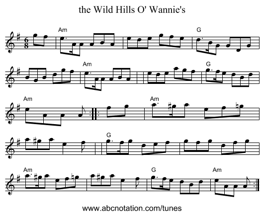 the Wild Hills O' Wannie's - staff notation