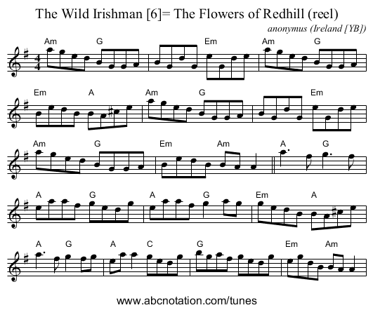 The Wild Irishman [6]= The Flowers of Redhill (reel) - staff notation