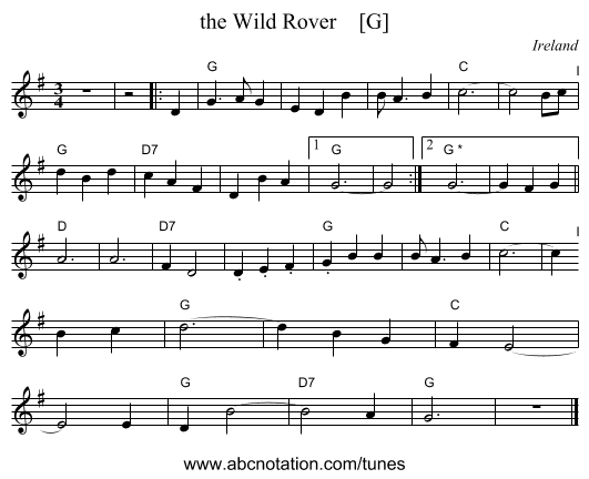 the Wild Rover    [G] - staff notation