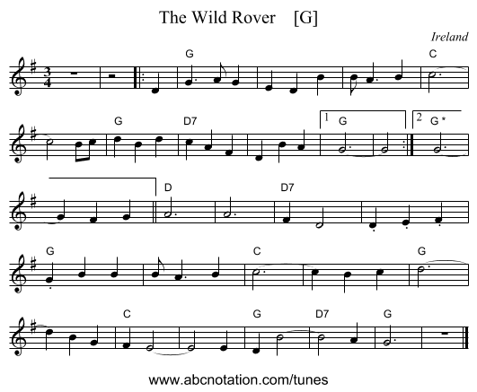 The Wild Rover    [G] - staff notation