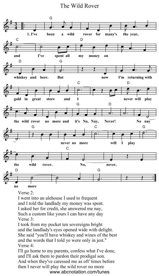The Wild Rover - staff notation