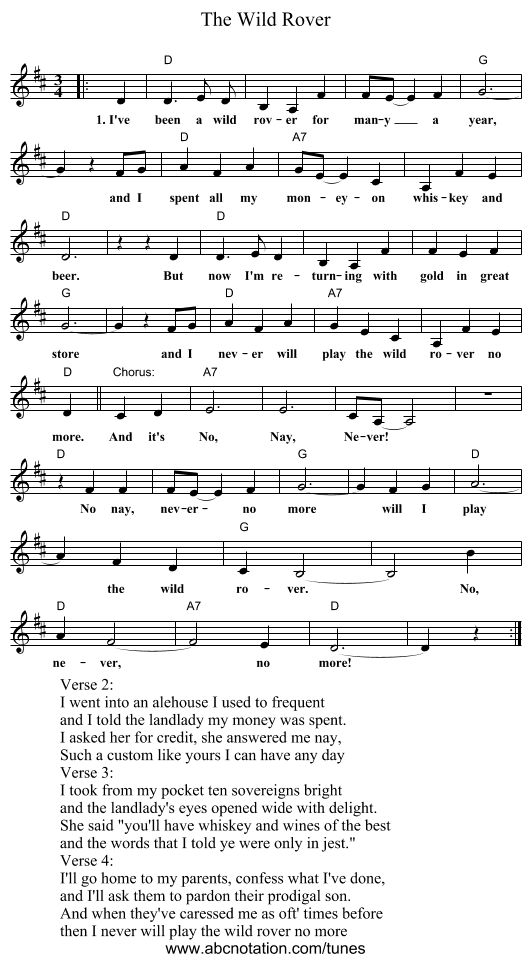 The Wild Rover - staff notation