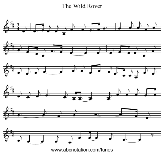 The Wild Rover - staff notation
