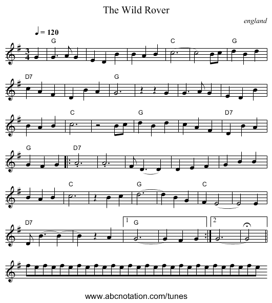The Wild Rover - staff notation