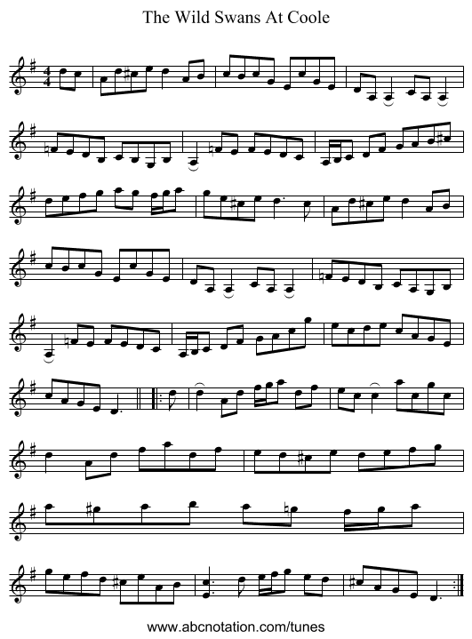 The Wild Swans At Coole - staff notation