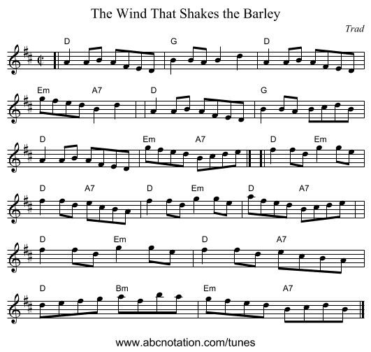 The Wind That Shakes the Barley - staff notation