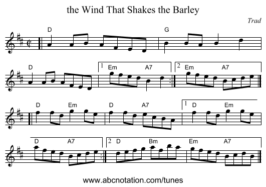 the Wind That Shakes the Barley - staff notation