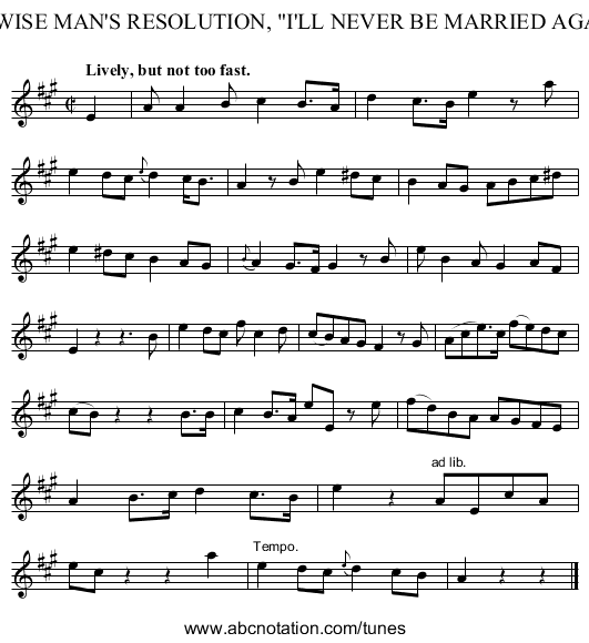 The WISE MAN'S RESOLUTION, I'LL NEVER BE MARRIED AGAIN. - staff notation