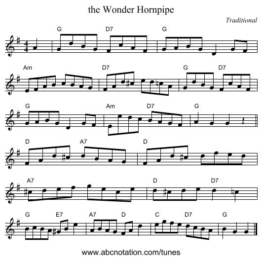 the Wonder Hornpipe - staff notation