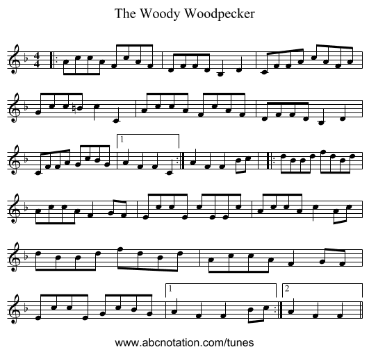 The Woody Woodpecker - staff notation
