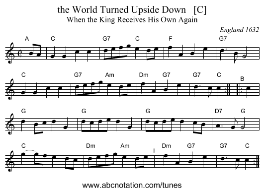 the World Turned Upside Down   [C] - staff notation