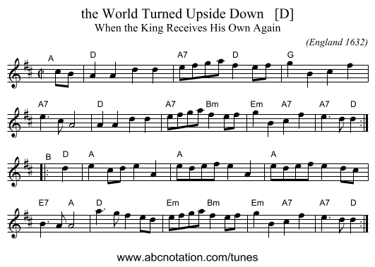 the World Turned Upside Down   [D] - staff notation