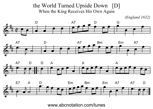 the World Turned Upside Down   [D] - staff notation