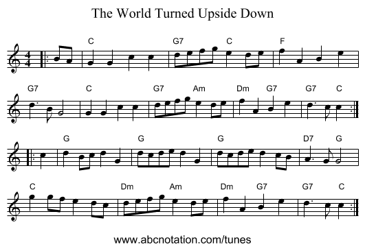 The World Turned Upside Down - staff notation