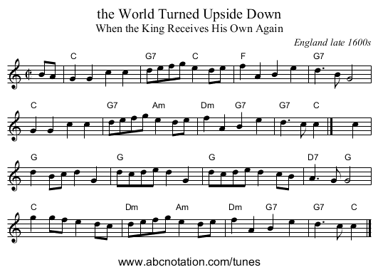 the World Turned Upside Down - staff notation
