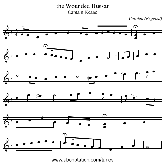 the Wounded Hussar - staff notation