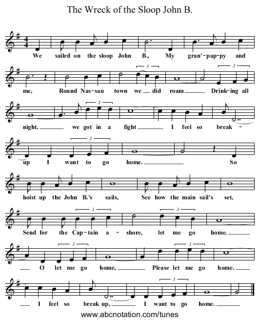 The Wreck of the Sloop John B. - staff notation