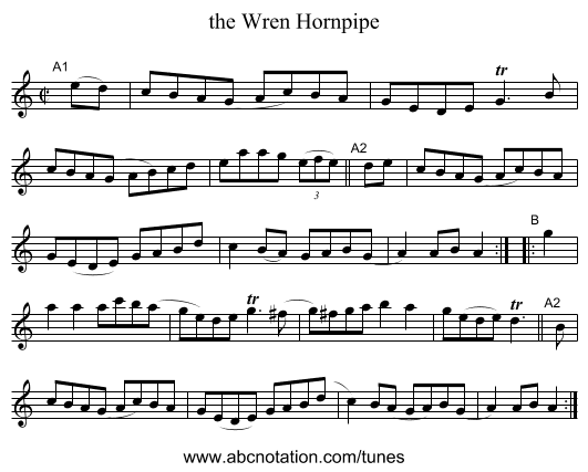 the Wren Hornpipe - staff notation