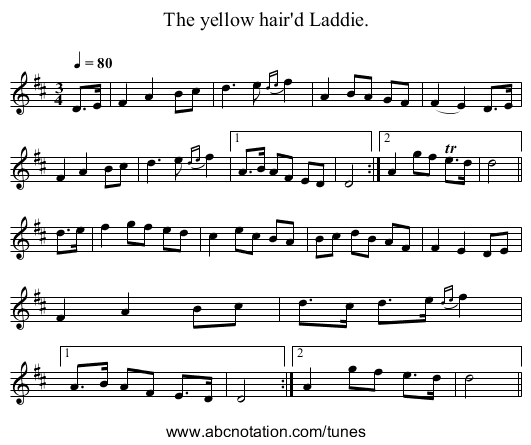 The yellow hair'd Laddie. - staff notation