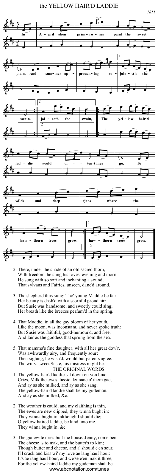 the YELLOW HAIR'D LADDIE - staff notation