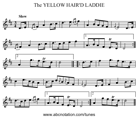 The YELLOW HAIR'D LADDIE - staff notation