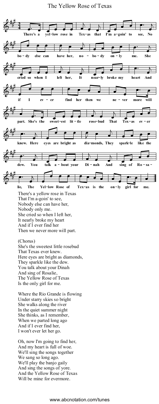 The Yellow Rose of Texas - staff notation