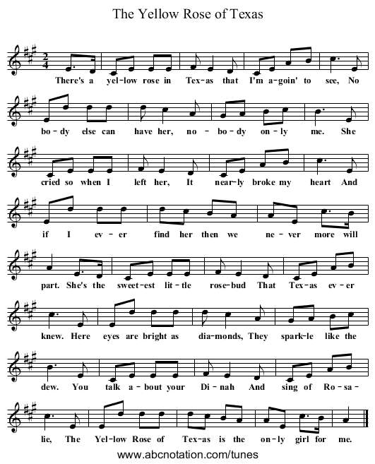 The Yellow Rose of Texas - staff notation