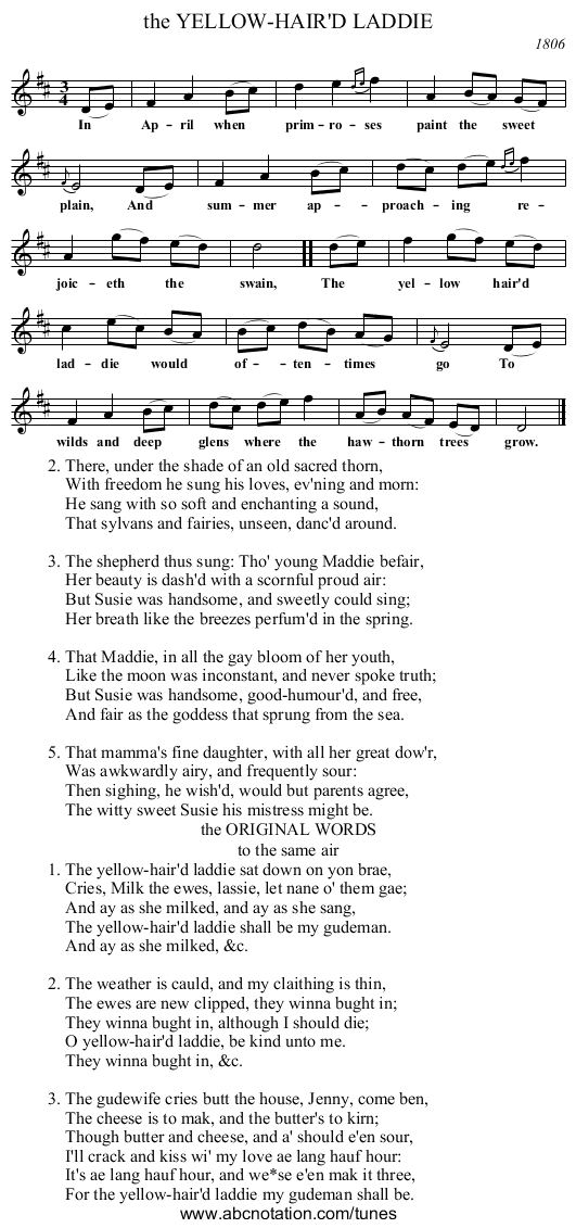 the YELLOW-HAIR'D LADDIE - staff notation