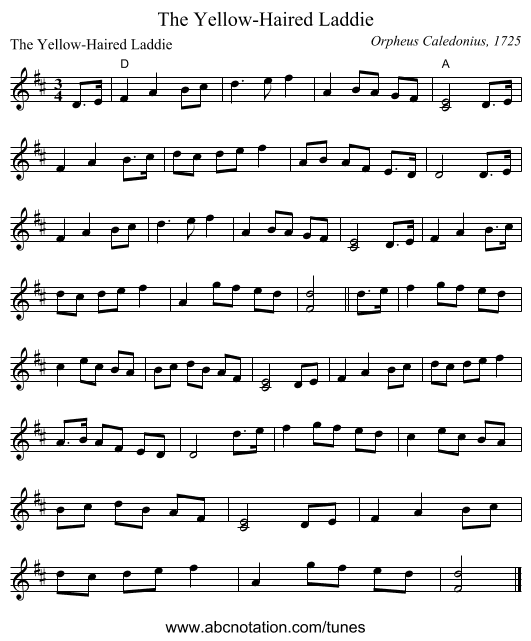 The Yellow-Haired Laddie - staff notation