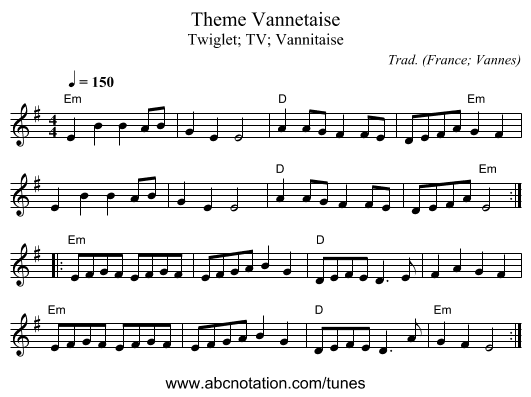 Theme Vannetaise - staff notation