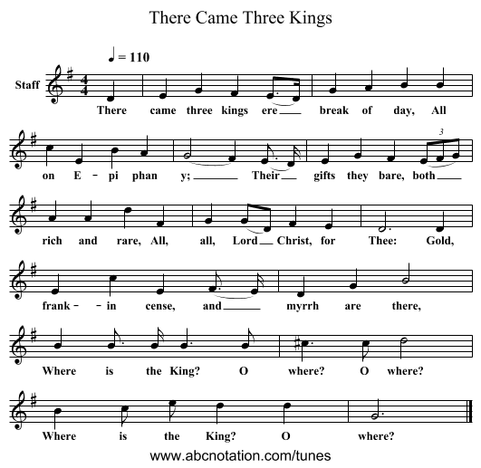There Came Three Kings - staff notation