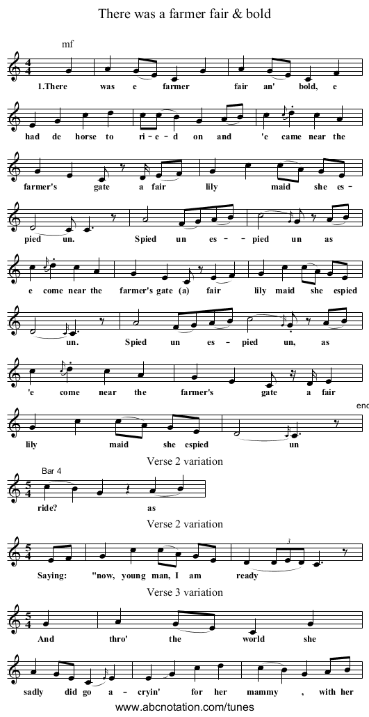 There was a farmer fair & bold - staff notation