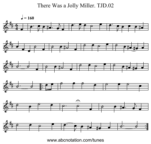 There Was a Jolly Miller. TJD.02 - staff notation
