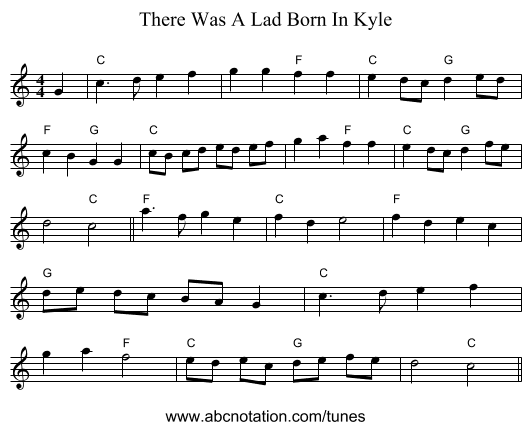 There Was A Lad Born In Kyle - staff notation