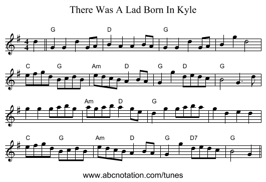There Was A Lad Born In Kyle - staff notation