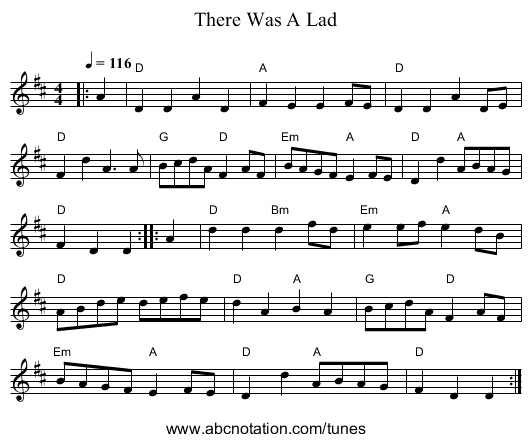 There Was A Lad - staff notation